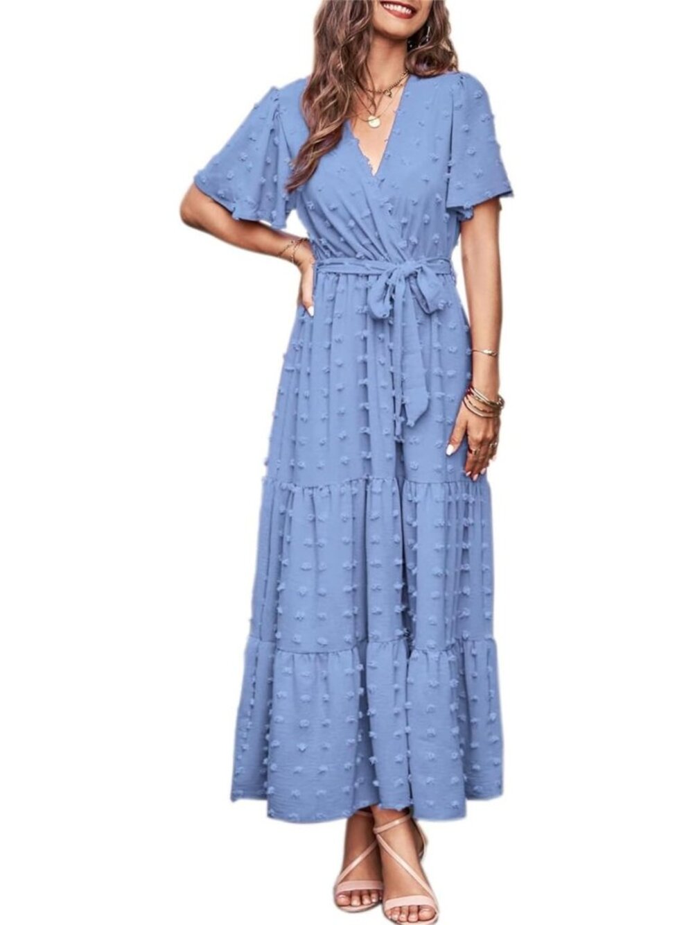 Boho Floral Maxi Dress for Women | Summer Swiss Dot Wrap Long Dress